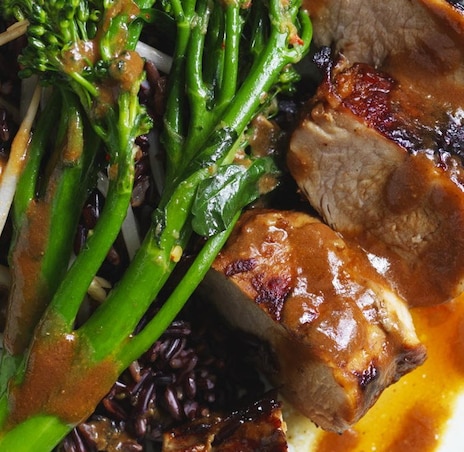 Miso Pork With Black Rice And Stir-Fried Greens